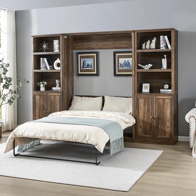 LOONGFIELD Full Size Half Self-Close And Open Murphy Bed With 2 Side Cabinet Storage Shelf, Cabinet Space-Saving Bed Perfect For Guest Room, Bed Room, Guest Room, Home Office