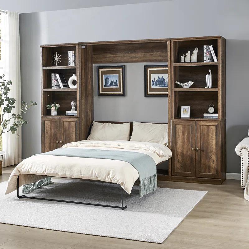 LOONGFIELD Full Size Half Self-Close And Open Murphy Bed With 2 Side Cabinet Storage Shelf, Cabinet Space-Saving Bed Perfect For Guest Room, Bed Room, Guest Room, Home Office