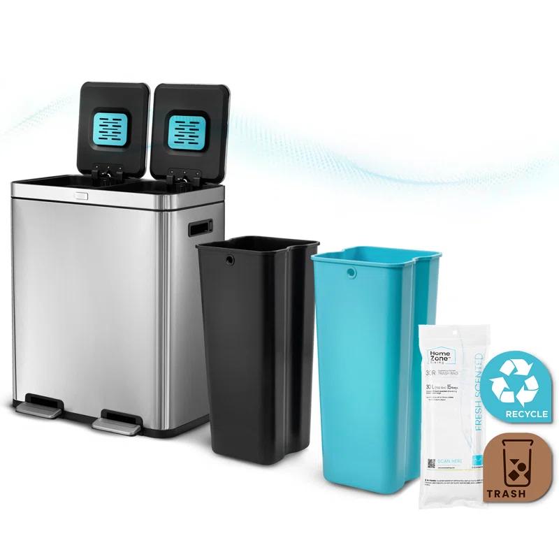 Home Zone Living 15.8 Gallon Stainless Steel Dual Kitchen Trash Can with CleanAura