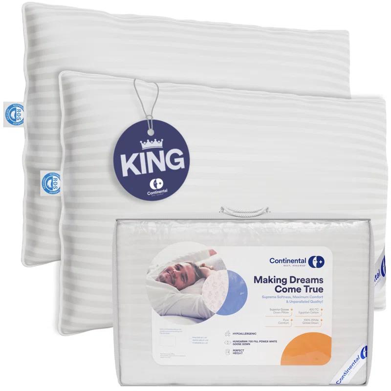 Continental Mfg. Co. Superior Down 700 Fill Power Hungarian White Goose Down Pillow, 2 Pack (Set of 2)
