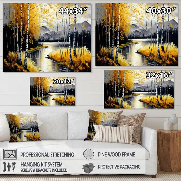 Design Art " Gray And Yellow Birch Trees By The Lake II " by Designart