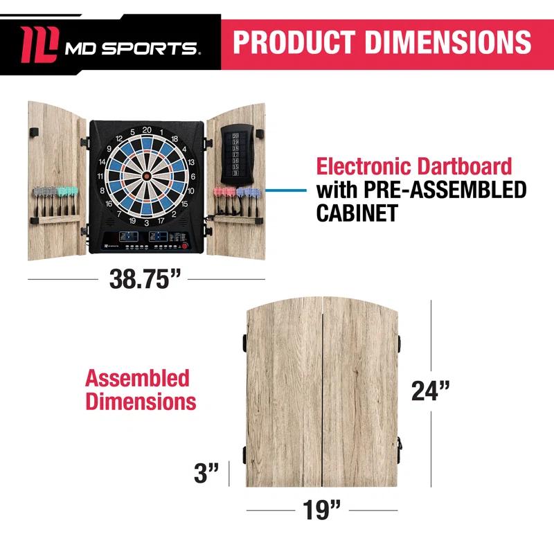 MD Sports MD Sports Elmhurst Electronic Dartboard Cabinet with Digital Scorekeeping and Soft Tip Dart Set
