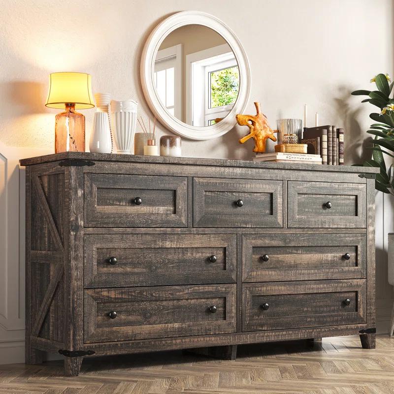 Gracie Oaks Wood Dresser For Bedroom With 7 Drawers, Farmhouse Chest Of Drawers