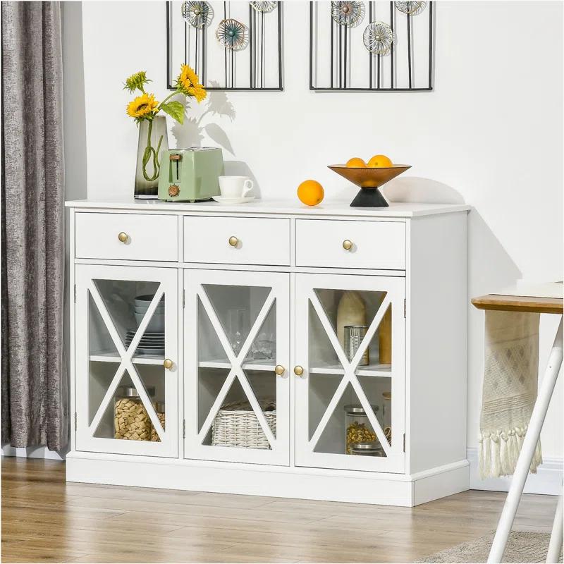 Gracie Oaks 45" Farmhouse Sideboard Buffet Cabinet, Credenza,Coffee Bar Cabinet with Glass Doors and 3 Drawers, White