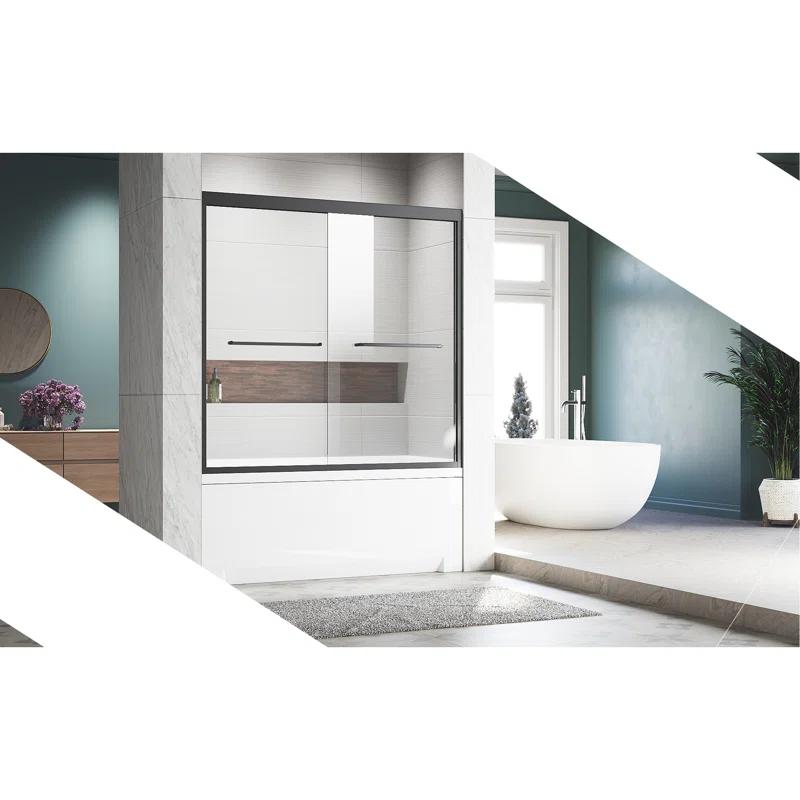 Sliding Glass Tub Door 56-60 In. W X 57 In. H, Semi Frameless Double Bathtub Door, Certified Thick Clear Clear Tempered Glass, 304 Stainless Steel Handles.