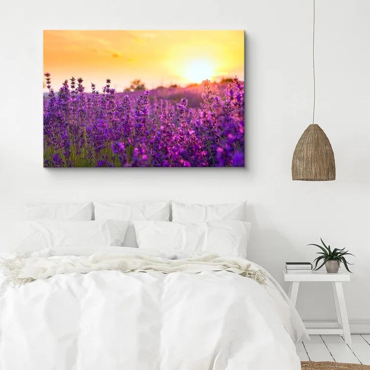 IDEA4WALL Flower Blossom " Lavender Flower Field At Sunset Floral Plants Photography Modern Art Rustic "