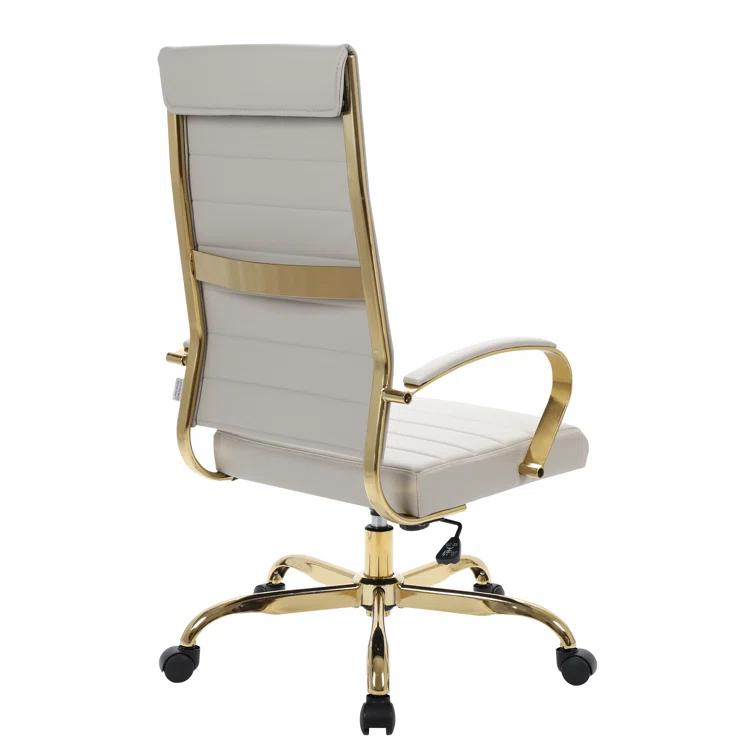 Everly Quinn Humairaa Leather Office Chair – Executive Task Chair with Swivel, Adjustable Height & Gold Base for Home Office or Conference Room