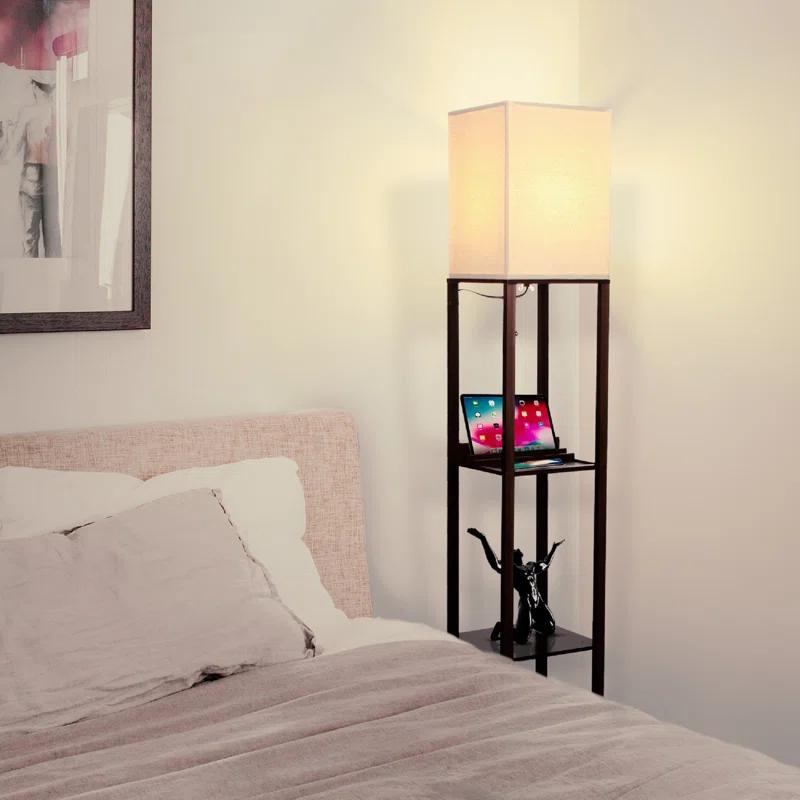 Maxwell 63 in. USB Charging LED 3-Shelf Floor Lamp with Beige Fabric Square Shade
