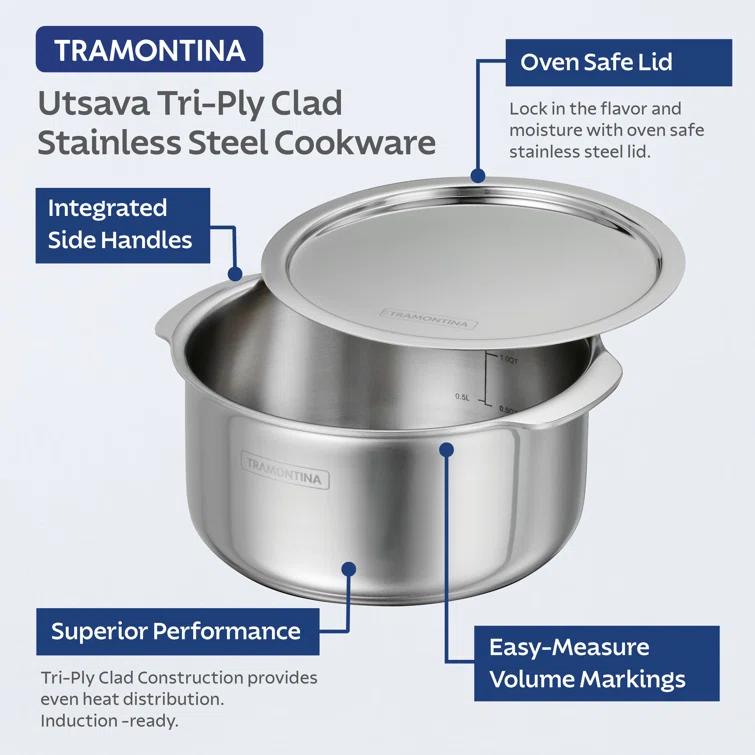 Tramontina Tramontina Utsava Tri-Ply Clad Stainless Steel Tope with Lid, Patila Pot for Indian Cooking