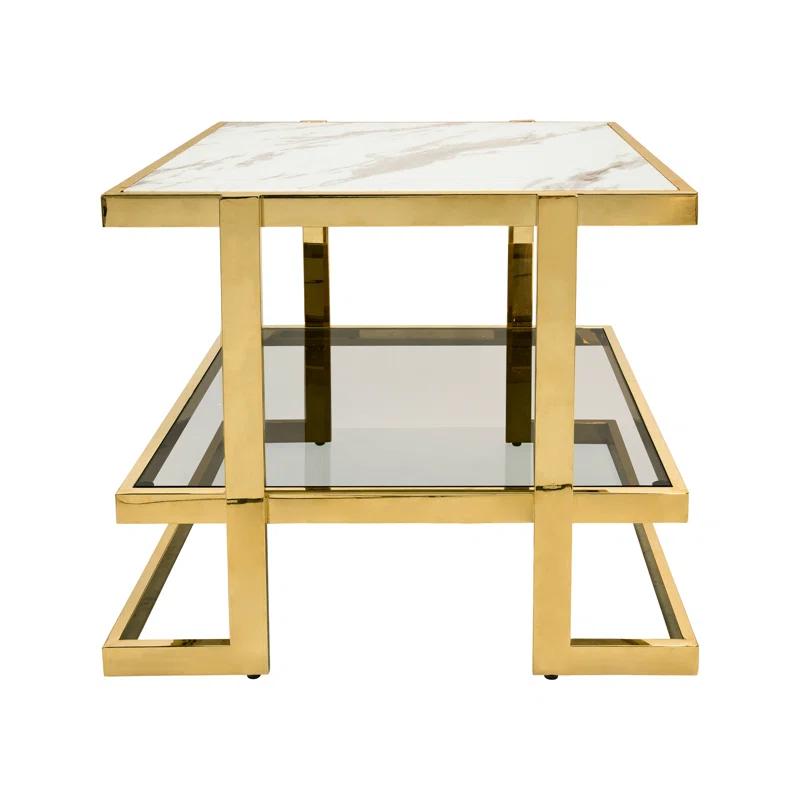 Mercer41 Atli Modern 24" Accent Table with Marble-Look Top, Glass Shelf & Gold Metal Geometric Frame for Living Room or Bedroom