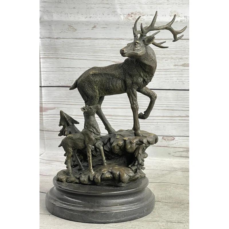 Loon Peak® Signed Original Male Stag with his Baby Fawn Bronze Sculpture Marble Base Statue