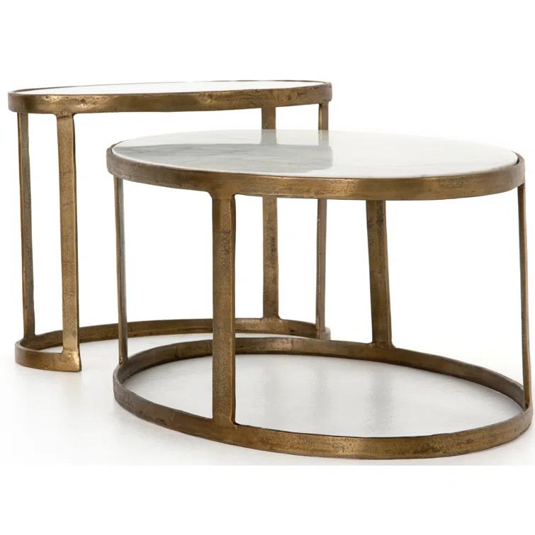Gold and White Oval Marble Glass Nesting Coffee Table
