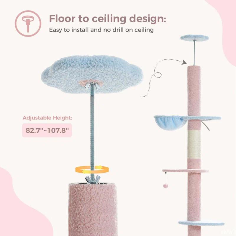 Adjustable Height Floor To Ceiling 5-Tier Tall Cat Tree Tower For Indoor Cats With Cat Condo, Cat Scratching Post And Cat Ladder