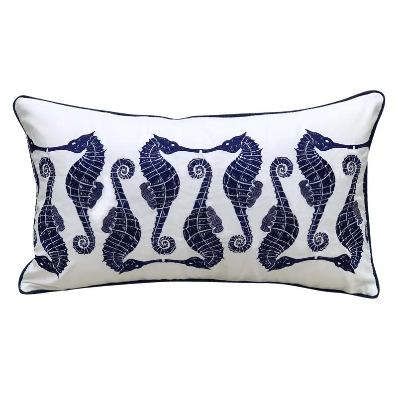 Rightside Design Indigo Series Seahorse Pattern Embroidered Outdoor Olefin Throw Pillow
