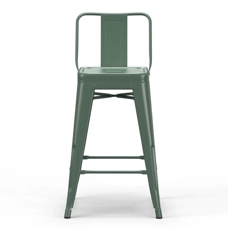 Simpli Home Rayne Metal Industrial Stool with Curved Back, Cross-Brace, and Footrest