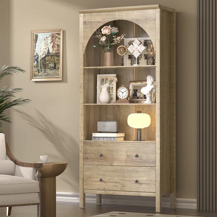 Gracie Oaks Arched Bookcase, Oak Arched Cabinet With Drawers, 71" Tall China Curio Cabinet, Display Cases For Collectibles, Vintage Bookshelf