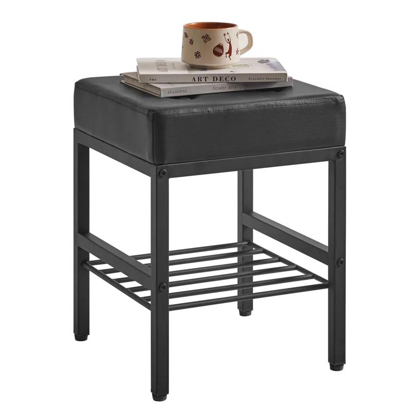 Everly Quinn Square Makeup Stool With Adjustable Feet And Storage Space, Footrest Stool, PU Seat Vanity Stool, Multi-Use As Small Side Table Or Ottoman, Black