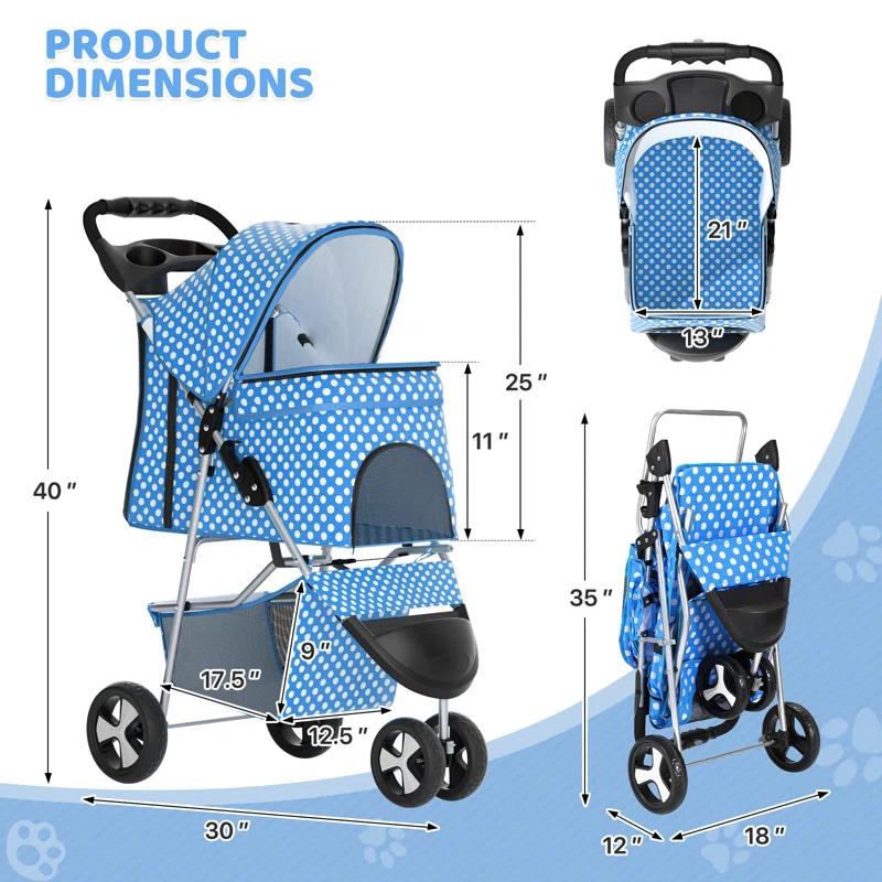 Magshion Foldable Pet Dog and Cat Stroller with Adjustable Canopy Storage Basket and Cup Holder for Small and Medium Pets