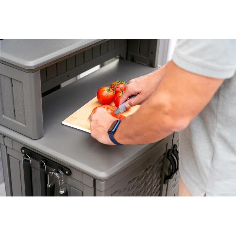 Suncast Patio Plastic Storage and Prep Station with Wicker Pattern, Stoney Gray