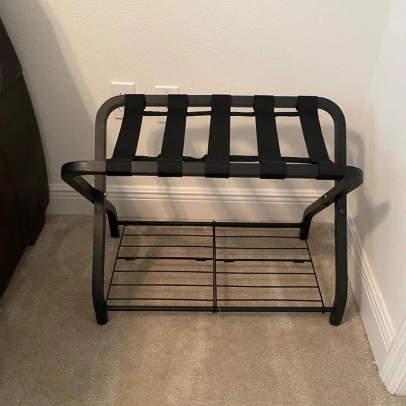 BINO Folding Luggage Rack With 2-Tiers Storage Shelf, Foldable Steel Frame Luggage Organizers For Suitcase, Metal Luggage Holder For Guest Room, Bedroom, Hotel, Closet, Black, 1Pack