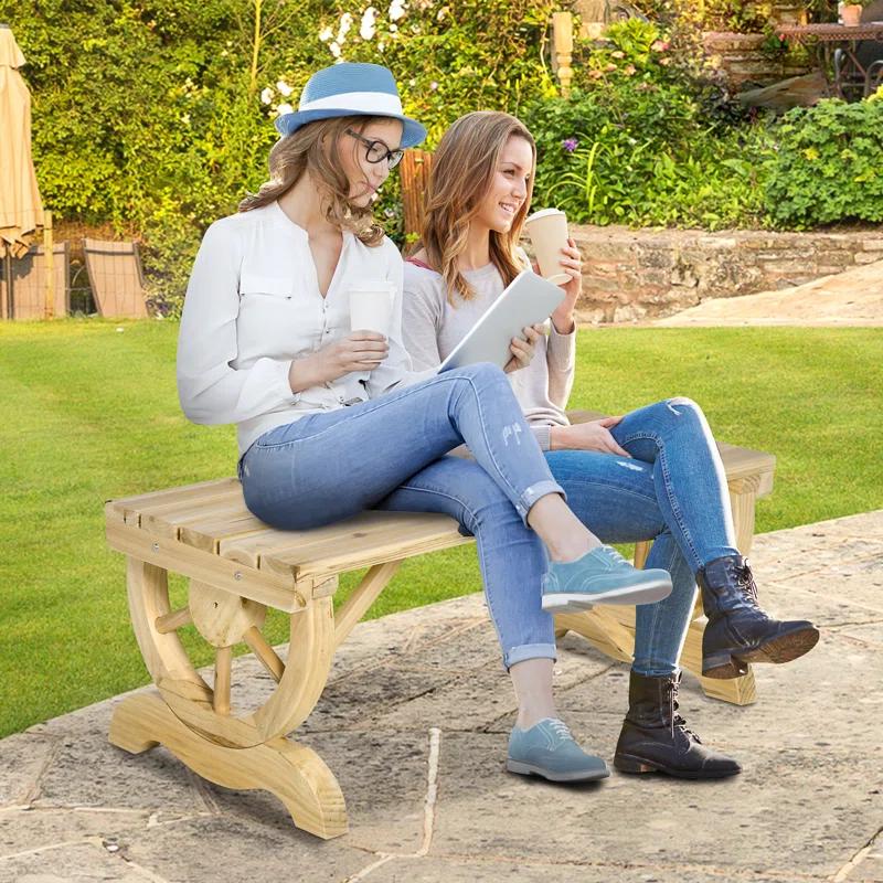 Millwood Pines Outdoor Wagon Wheel Porch Bench For Backyard Garden
