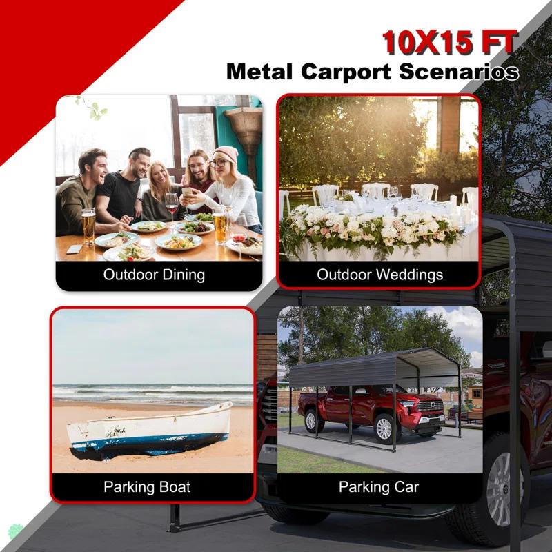 BVNECXP 10X15 Metal Carport Carports With Enhanced Base Heavy Duty Garage Outdoor Galvanized Car Shelter For Car, Boats And Truck