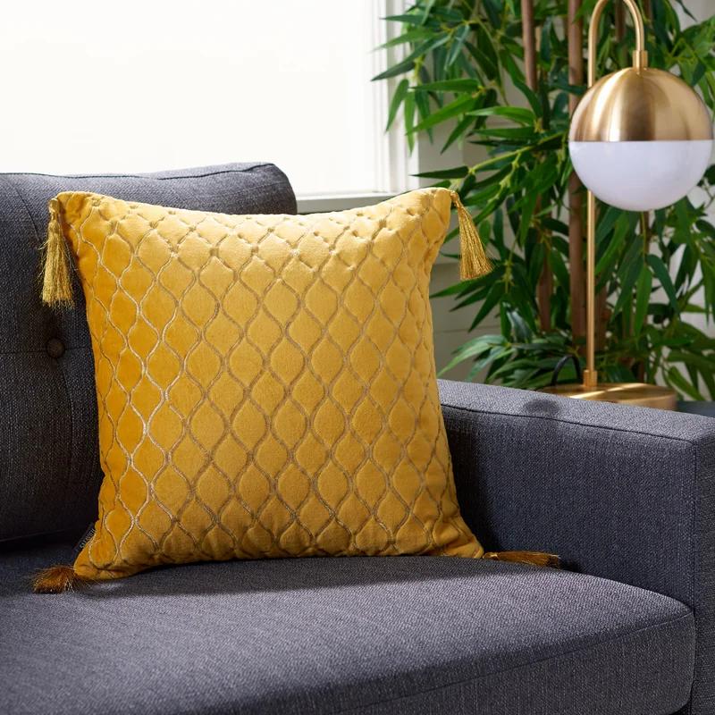 Yellow Cotton Velvet Square Pillow with Tassels