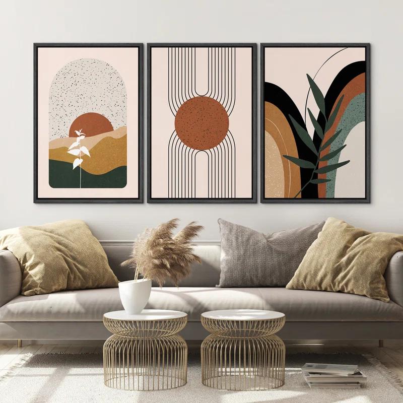 IDEA4WALL Mid Century Modern Boho IDEA4WALL Framed Canvas Print Wall Art Set Geometric Tropical Landscape Abstract Shapes Illustrations Minimalism Bohemian Decorative For Living Room, Bedroom, Office - 24"X36"X3 Natural