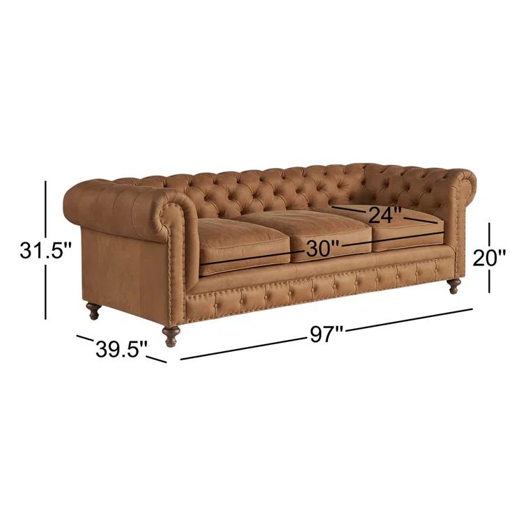 Winchester Sandstone Brown Tufted Leather Rolled Arm Sofa