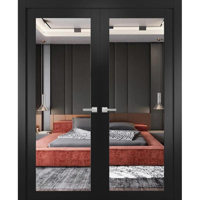 SARTODOORS Solid French Double Doors | Lucia 2166 Matte Black Clear Glass | Wood Solid Panel Frame Trims | Closet Bedroom