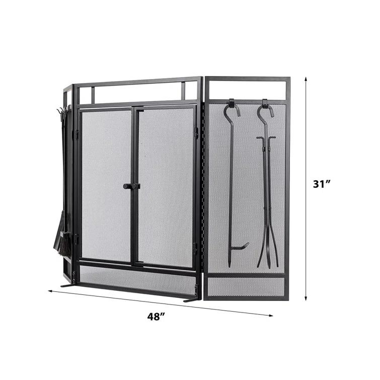 Kern River Mesh Trifold Fireplace Screen with 4 Piece Tool Set in Black