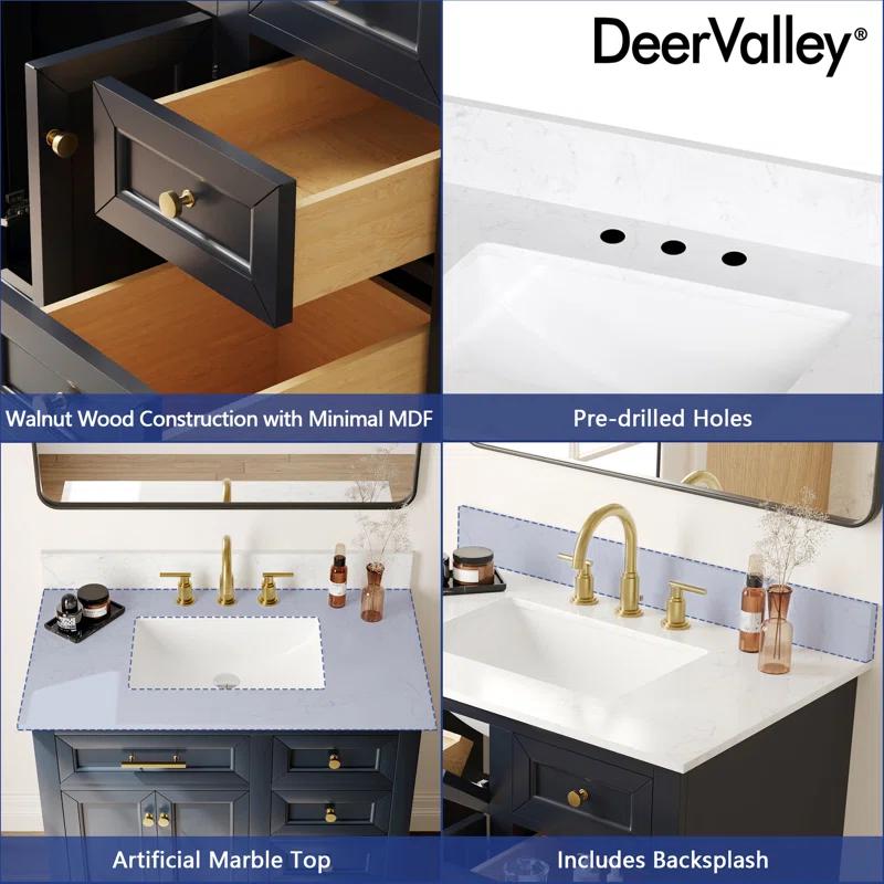 DeerValley Heritage 36'' Fully Assembled Single Bathroom Vanity with Backsplash, 3 Colors Available White/ Navy Blue/ Gray