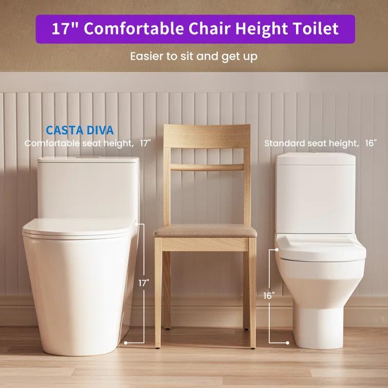 Casta Diva Modern 17" Comfort Chair Height Toilet Powerful Dual Flush Elongated One-Piece Bathroom Toilet Bowl, Quiet Close Seat WE05