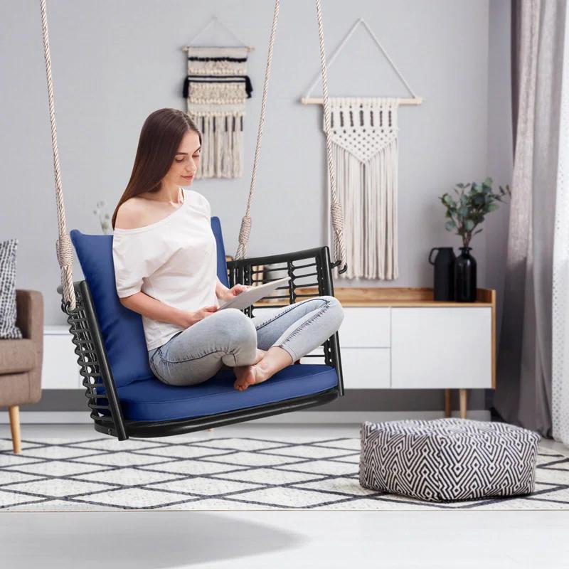 Arlmont & Co. Arlmont & Co. Patio Hanging Rattan Basket Chair Swing Hammock Chair With Seat Cushion