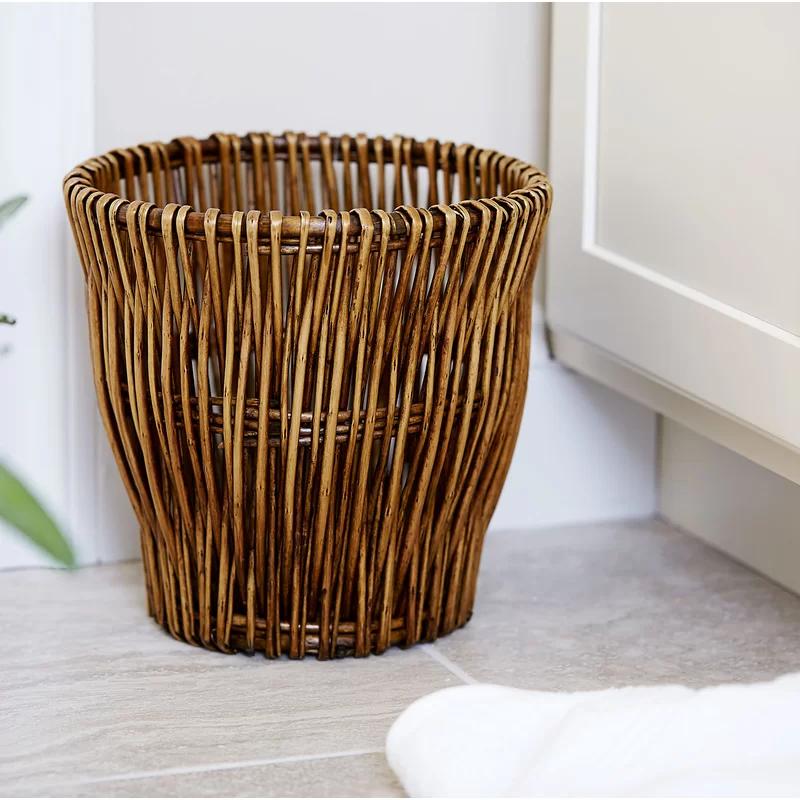 Small Brown Handwoven Willow Waste Basket with Removable Liner