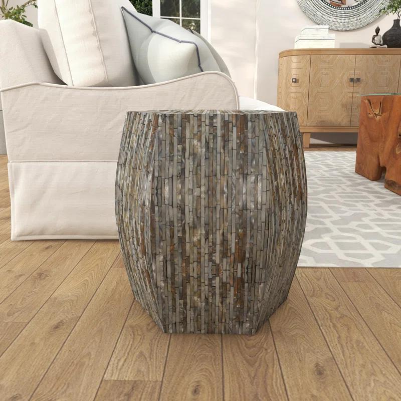 Wrought Studio™ Alissa Mother of Pearl Shell Handmade Shell Mosaic Hexagon Side End Gray Accent Table with Brown Accents