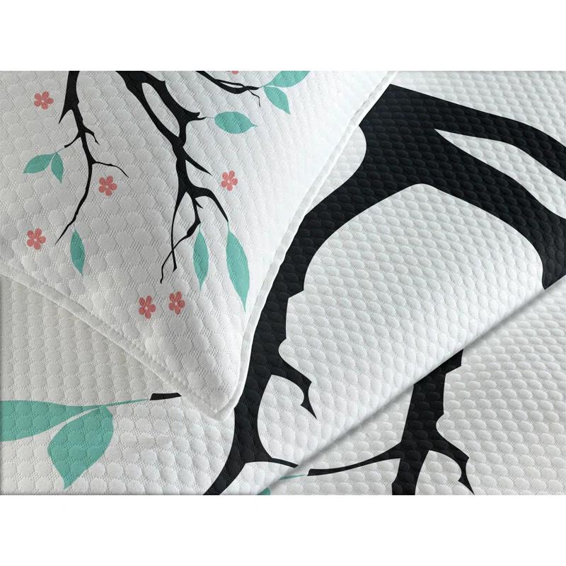 Ambesonne Ambesonne Teal and White Bedspread Set Owl Couple Turquoise Coral Black
