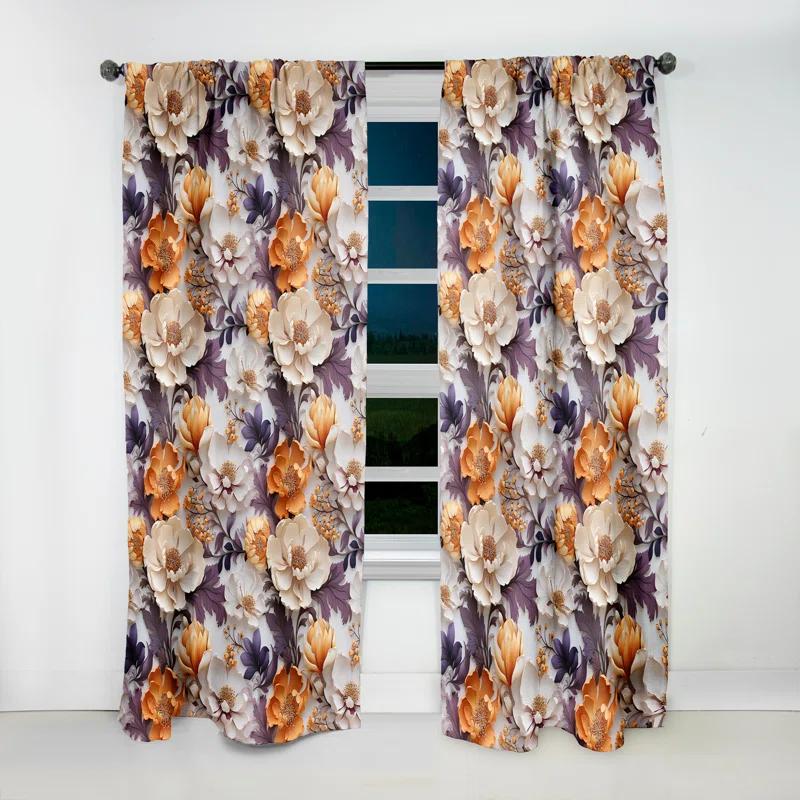 Design Art Beige And Purple Cottage Flowers Composition Polyester Blackout Single Curtain Panel Single Panel