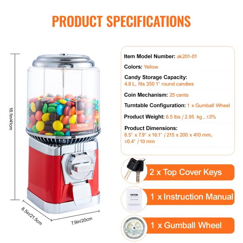 Stellweilan Tessberg 16"H Gumball Machine Vending Coin Bank Vintage Candy Dispenser PC Red