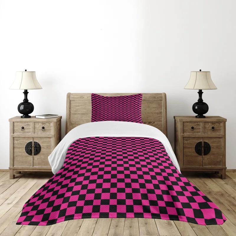 Ambesonne Ambesonne Hot Pink Bedspread Set Gingham Checks Vibrant Magenta Black