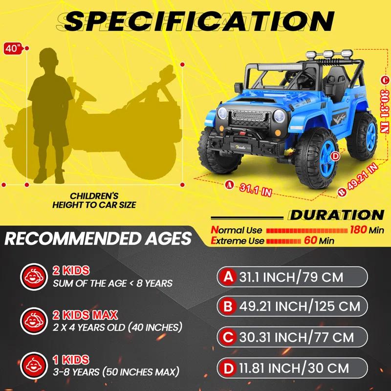 Ancheer 24V 4WD//2WD Ride On Jeep Truck,2 Seater Kids UTV With 4X200w Powerful Engine,Remote Control,Bluetooth,20 Wide Seat,Vehicles for Kids Toddlers