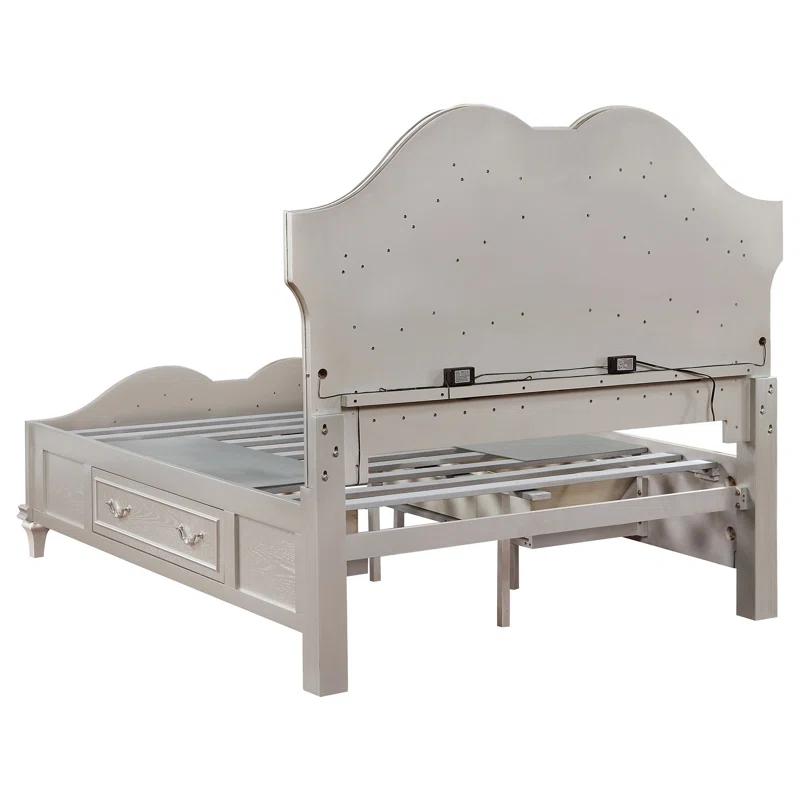 Benjara Nive Bed, LED Arch, Ivory Upholstery, Storage, Silver