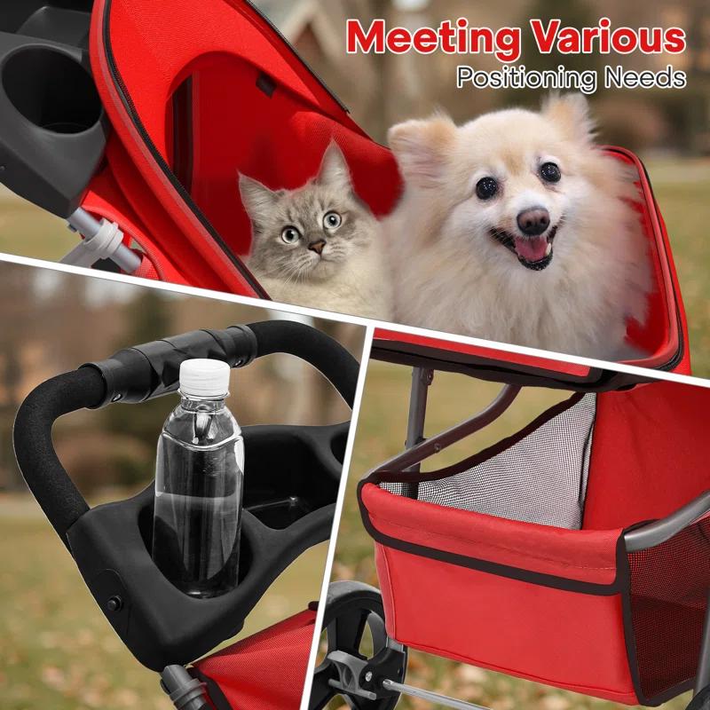 ATCHISON Foldable Pet Stroller, 3 Wheels Folding Carrier Jogger Stroller for Dogs Cats with Canopy and Basket