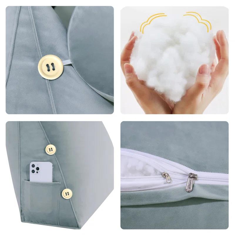 Velvet Wedge Pillow with Adjustable Neck Roll for Reading & Watching TV on Bed or Sofa