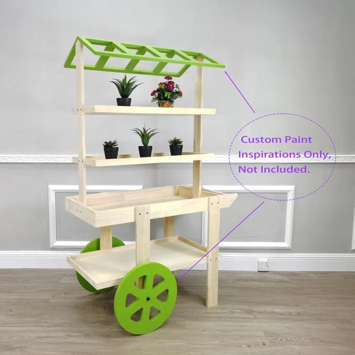 FixtureDisplays Flower Cart Vending Cart Farmers Market County Fair Wagon Wood Stall Stand Rolling Shelf Retail