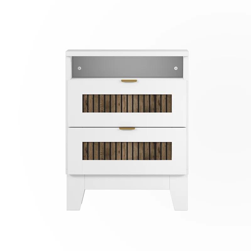 Lark Manor™ 2-Drawer Farmhouse Wooden Nightstand With Wooden Strip Stickers Decoration And Metal Handle, Wood Side Table With Storage Cabinet For Bedroom