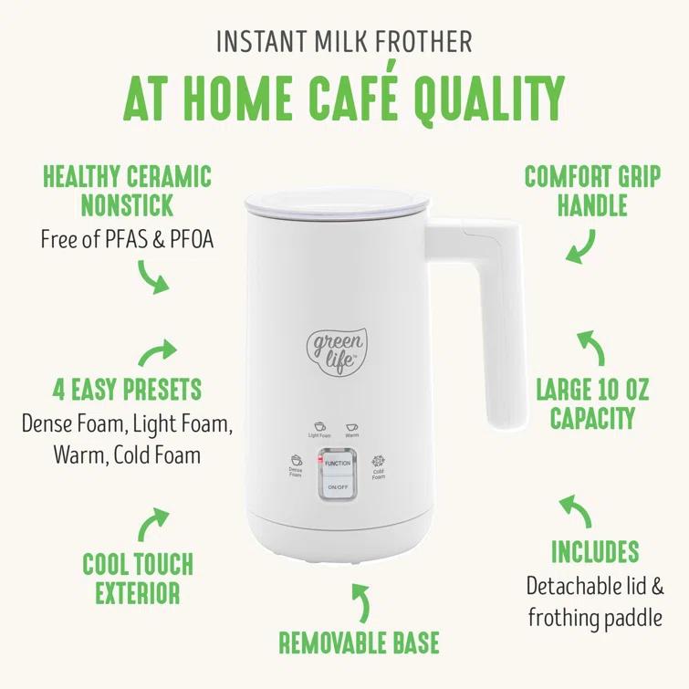 GreenLife GreenLife 10oz Electric Milk Frother, 4-in-1 Hot and Cold Milk Warmer and Steamer, PFOA / PFAS Free