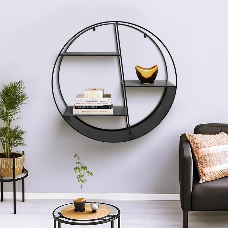 Latitude Run® Modern Metal Wall Shelf with Round Geometric Frame and Tiered Open Storage
