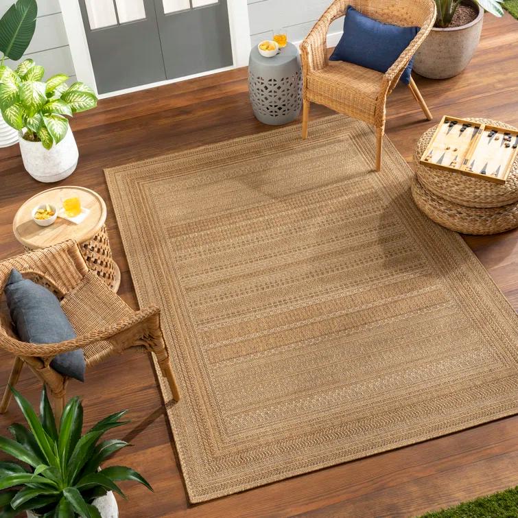 Gracie Oaks Tailyn Striped Machine Woven Polypropylene Indoor / Outdoor Area Rug in Tan/Brown