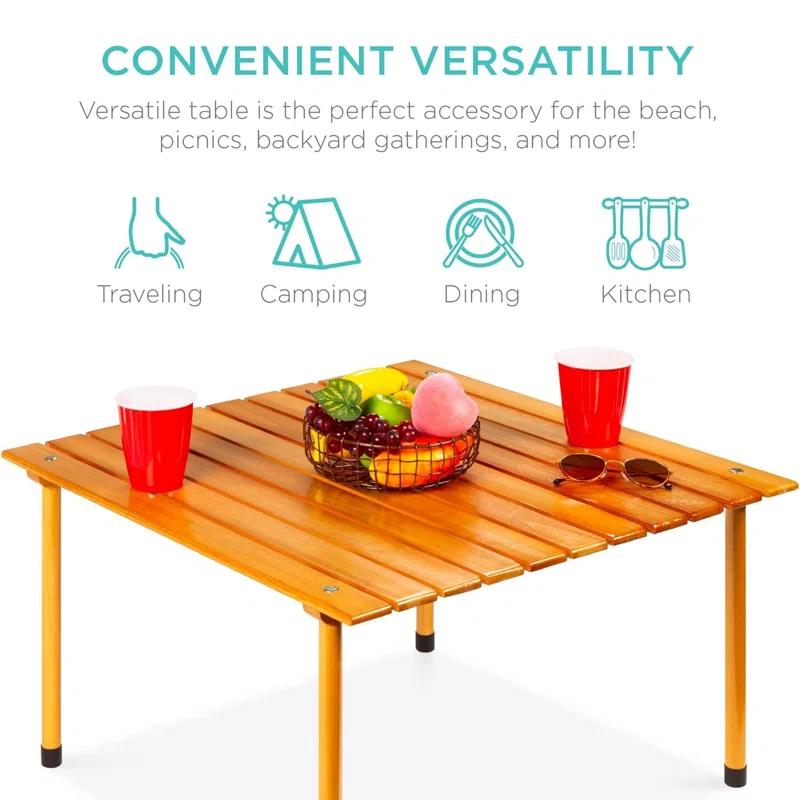 KIBNOF Best Choice Products 28x28in Foldable Indoor Outdoor All-Purpose Portable Wooden Table for Picnics, Camping, Beach, Tailgating, Patio, Kitchen, Living Room w/Carrying Case - Brown